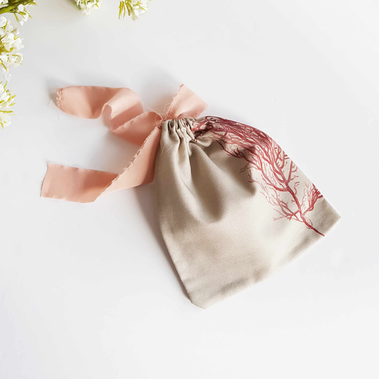 Eco-Friendly Japanese Algae Print Drawstring Pouches. Gift Bags Made With Oeko-Tex Cotton & Silk Tie