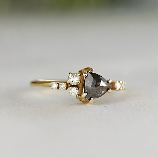 Salt & Pepper Cluster Ring 14K Gold, Handcrafted Rose Cut Black Diamond Ring, Triangle Rustic Trillion Raw