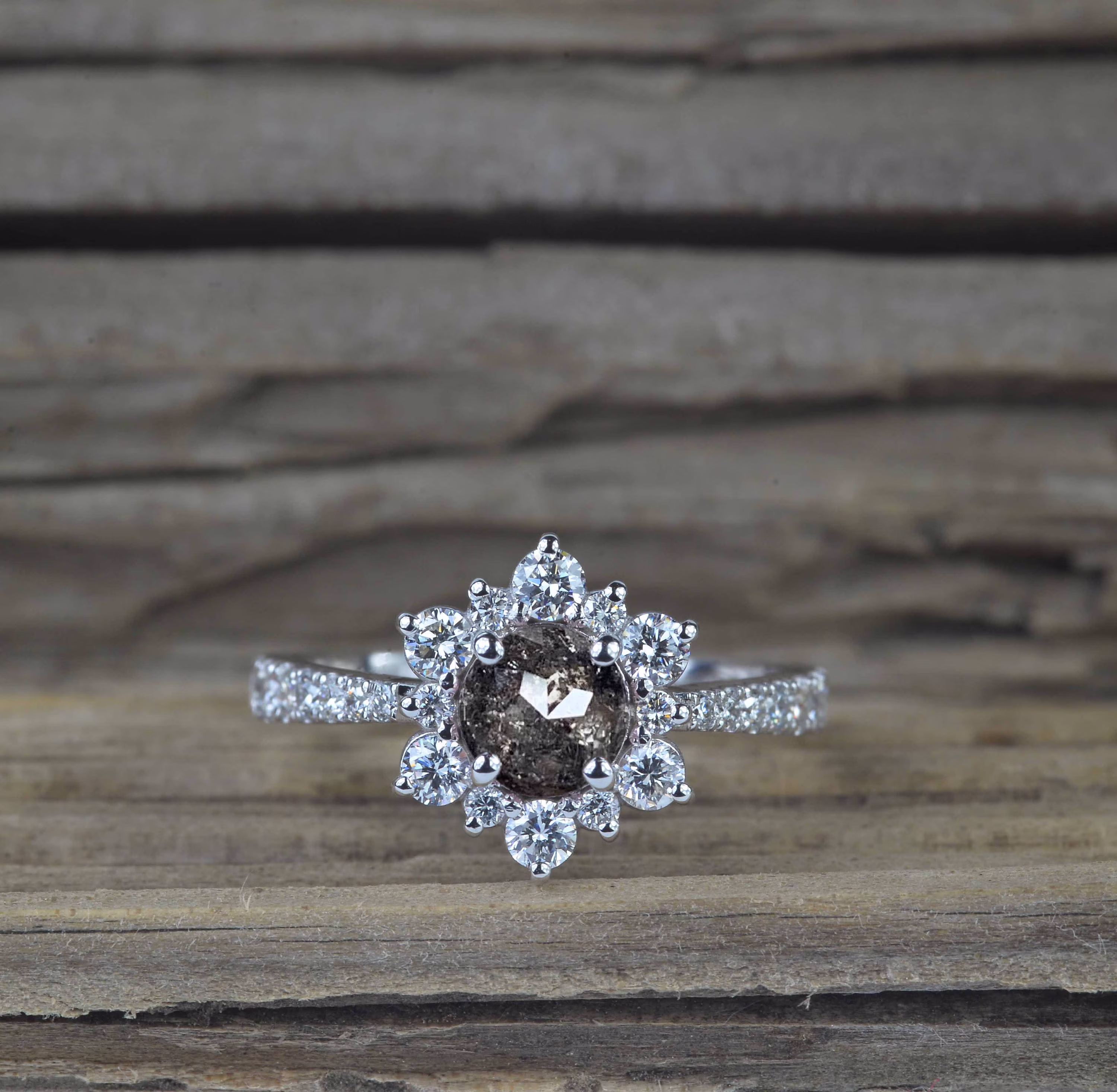 Salt & Pepper Diamond Engagement Ring | Round Galaxy Cluster Luxury in 9K/14K/18K Solid Rose Gold For Her