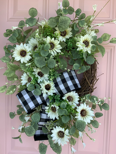 Sunflower Wreath For Front Door, All Season Wreaths, Gift Her, Mother's Day Gift, Wreaths Floral With Ribbon