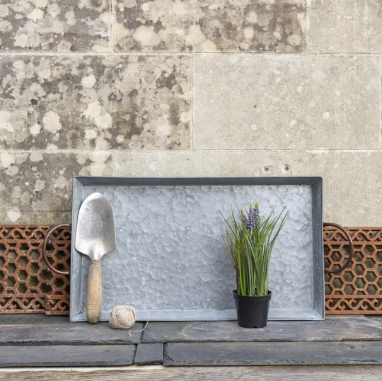 Metal Tray - Grey With Handles Rustic Kitchen Or Garden Plant Candle Display -Drinks & Food Serving
