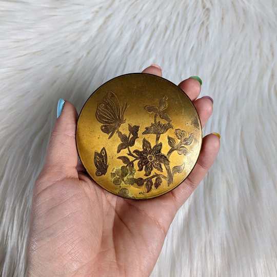 Beautiful 1950's Gold Powder Compact, Floral Design With Butterflies, Compact Flowers, Tone