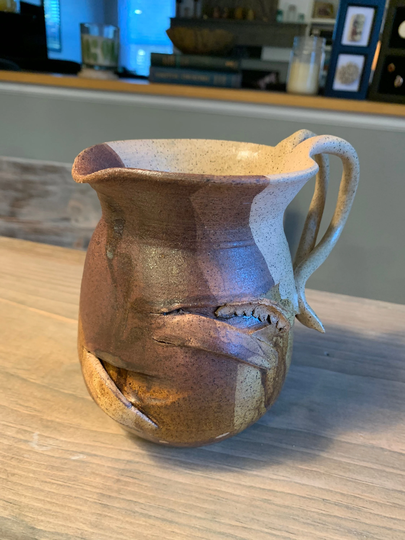 1990's Vintage Handmade Stoneware Pottery Pitcher, Creamer, Vase Or Crock Tans & Browns Spouted With Handle