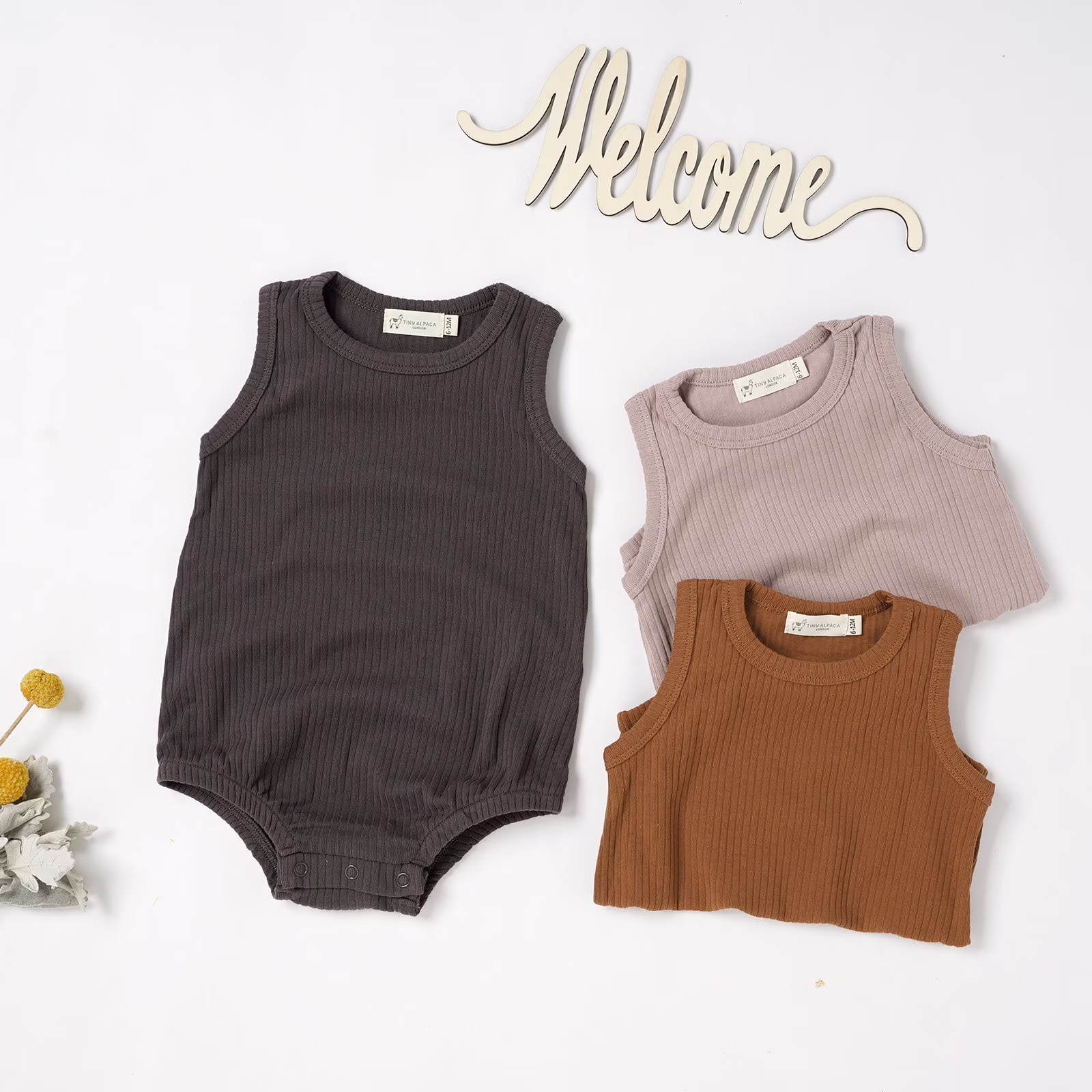 Tiny Alpaca | Organic Natural Cotton Baby Rompers 0-2 Years Gender Neutral Ribbed Shower Gift Set Of 3