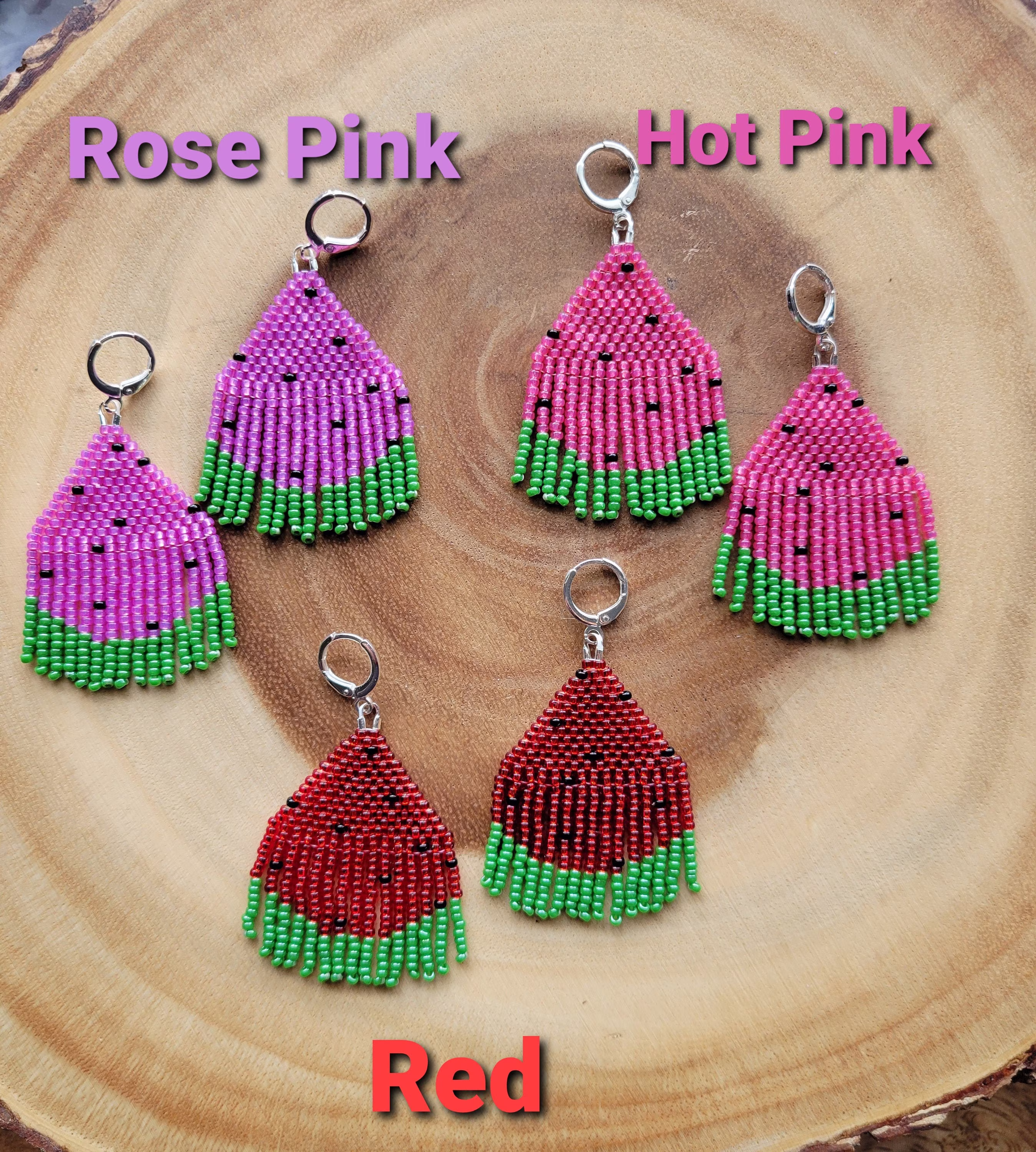 Watermelon Beaded Fringe Earrings, Seed Bead Earrings Fruit Jewelry Summer
