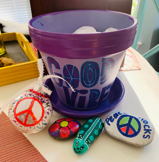 Good Vibes/Purple Flower Pot/Painted Planter Rocks/Garden Gifts