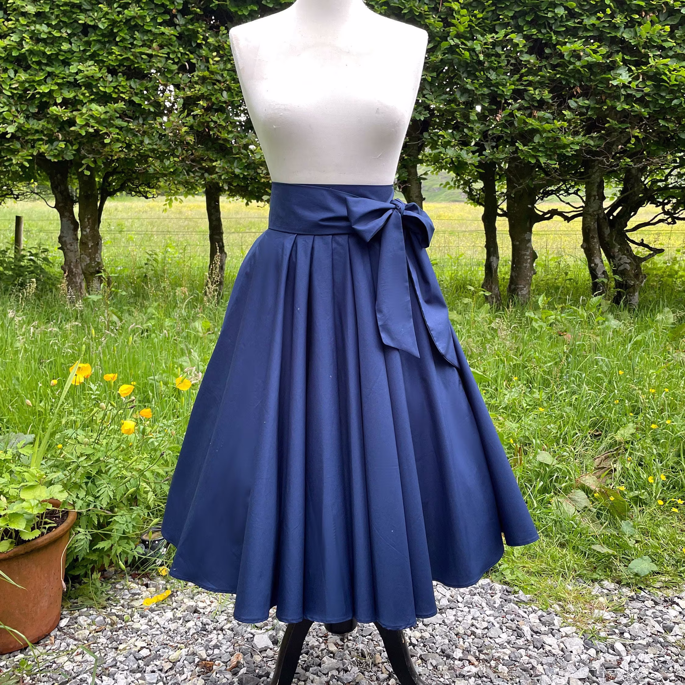 Navy Blue Skirt | Organic Cotton High Waisted Full Circle 50S Style Vintage Midi Length Custom Colours Sizes 6 - 26