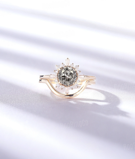 Vintage Salt & Pepper Diamond Engagement Ring Set Art Deco Yellow Gold Unique Moissanite/Diamond Anniversary Promise