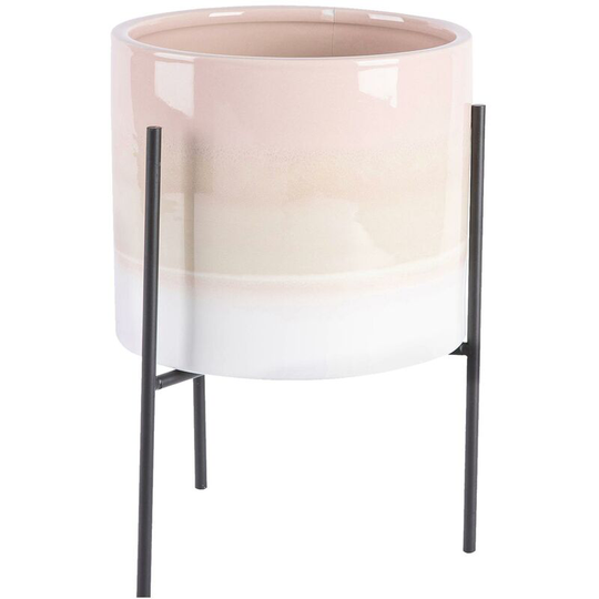 Reactive Glaze Plant Pot on Stand - 19cm - Natural/Black - Nicola Spring