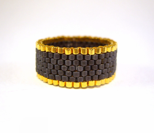 Seed Bead Ring, Matte Black Beaded & Gold Jewelry, UK Seller