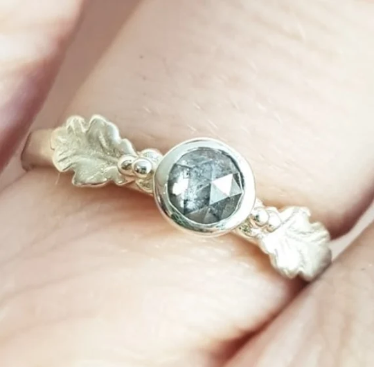 Solid Gold Salt & Pepper Diamond Oak Leaf Ring/Grey Rose Cut Diamond, Oak Leaf Ring - Alternative Engagement Ring