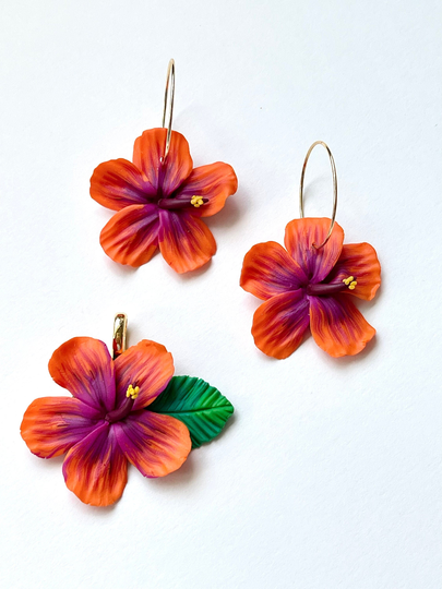 It's A Hibiscus Kind Of Summer Collection-Hibiscus Flower Earrings, Hoop Earring & Necklace Set