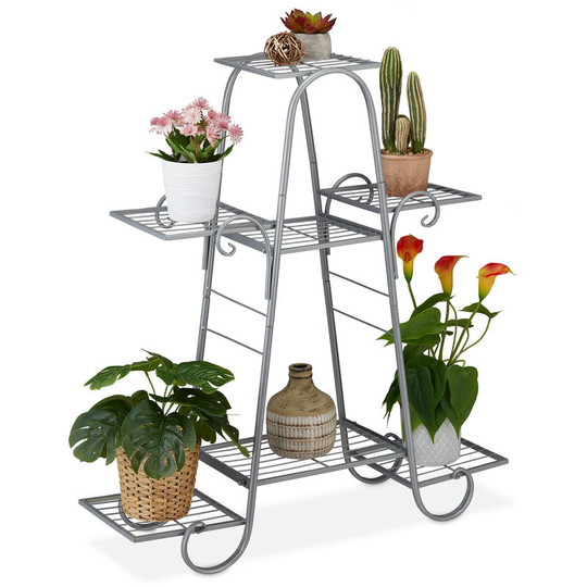 Plant Stand Metal, for 7 Potted Plants, Flower Rack Indoor, Vintage Design, 83 x 75 x 24 cm, Tiered, Silver - Relaxdays
