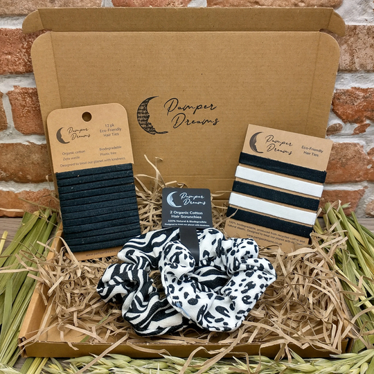 Black & White Eco Hair Accessories Organic Recycled Cotton Natural Rubber Hair Ties Scrunchies Biodegradable Zero Waste Plastic Free