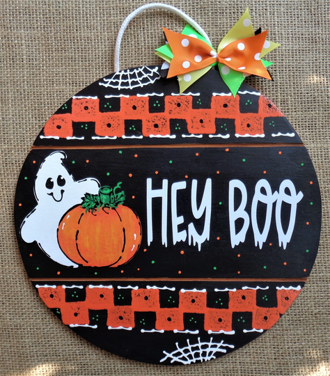 Hey Boo Pumpkin Jack-O-Lantern Ghost Circle Sign Wall Door Hanger Plaque Holiday Seasonal Wreath Embellishment Handcrafted Hand Painted