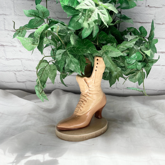 Vintage 60S Large Victorian Boot Novelty Shoe Planter Tan Ceramic Sculpture