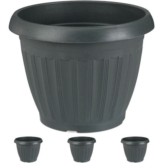 Planter, Set of 4, Round, Flower Tub, Out- & Indoor, Plastic, Plant Pot, 13 l Capacity, Anthracite - Relaxdays