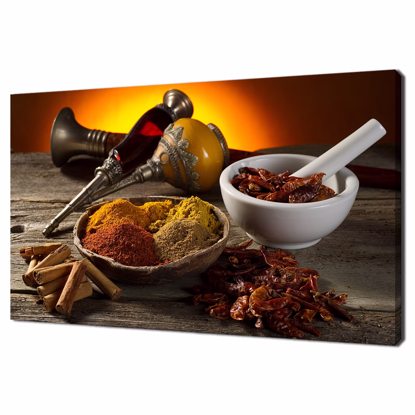 Variety Of Spices On Wooden Table With Mortar Kitchen Modern Design Home Decor Canvas Print Wall Art Picture