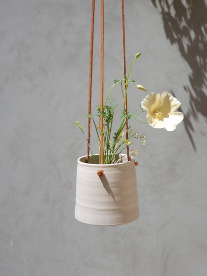 Handmade White Hanging Planter With Leather Straps, Minimalist Pottery Pot, Ceramic Succulent Planter, Indoor