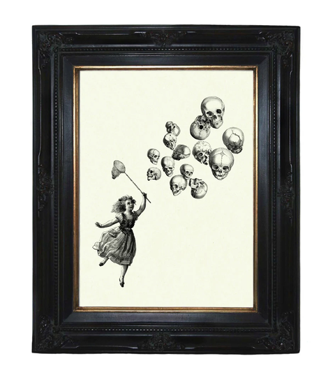 Halloween Girl Art Print Skull Balloons Victorian Steampunk Art Print Skeleton Anatomy Morbid Taxidermy Bones