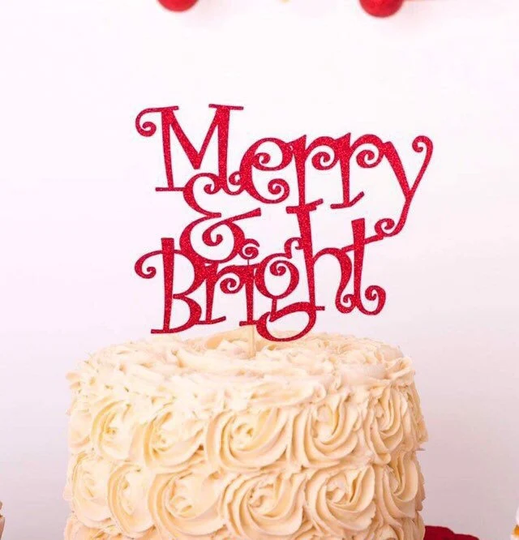 Christmas Cake Topper, Merry & Bright Party Decoration, & Seasonal Cake Topper