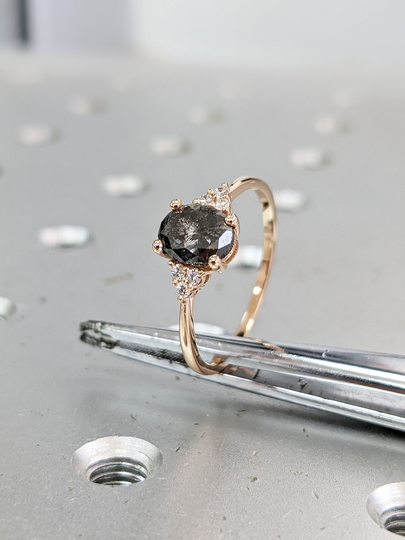 Vintage Salt & Pepper Diamond Engagement Ring Rose Gold Cluster Oval Wedding Bridal Anniversary
