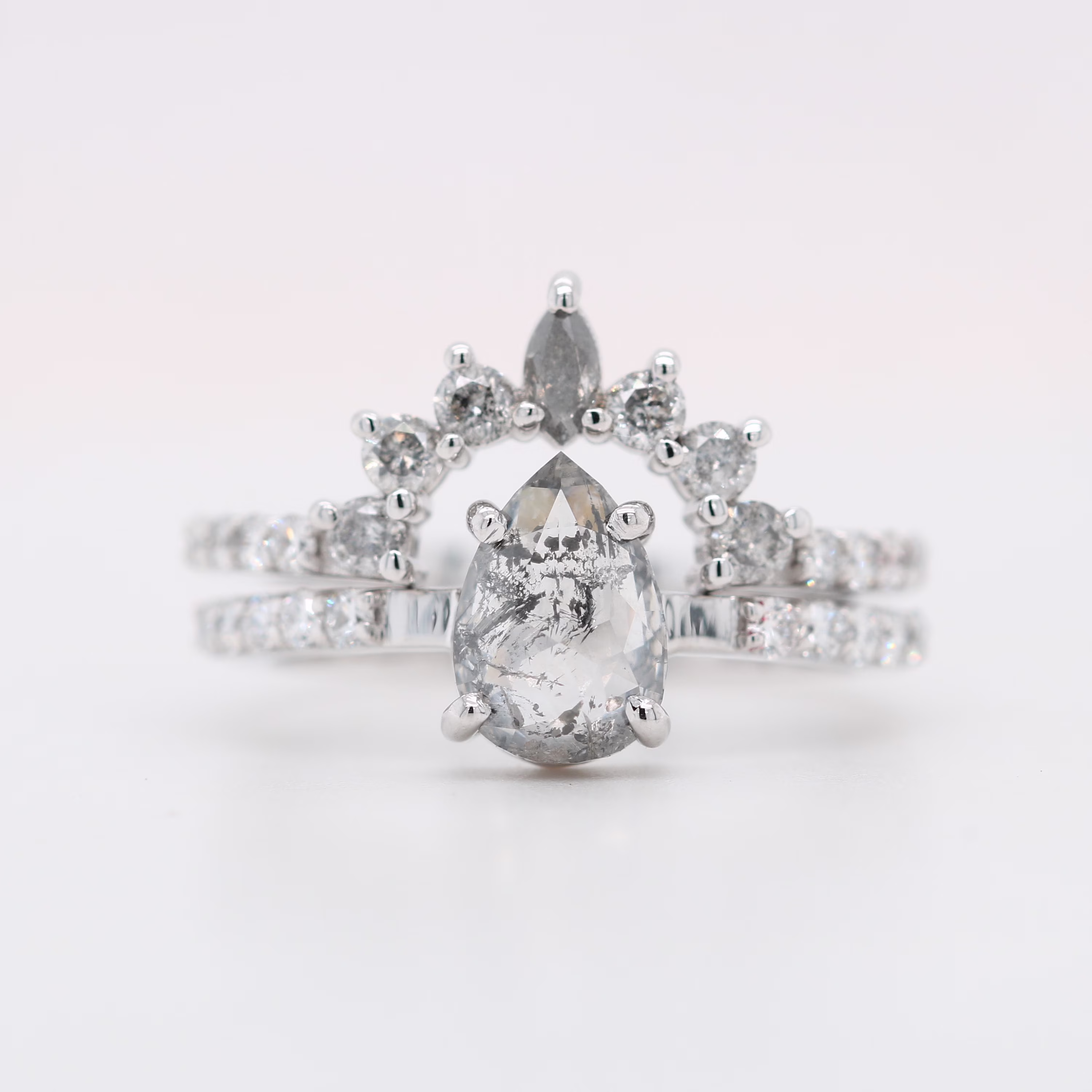 Natural Pear Salt & Pepper Prong Set Gold Engagement Diamond Ring