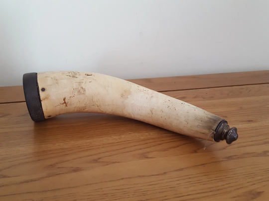 Large Antique Powder Horn, Black Horn Flask, 18Th Century, Military Cannon Flask