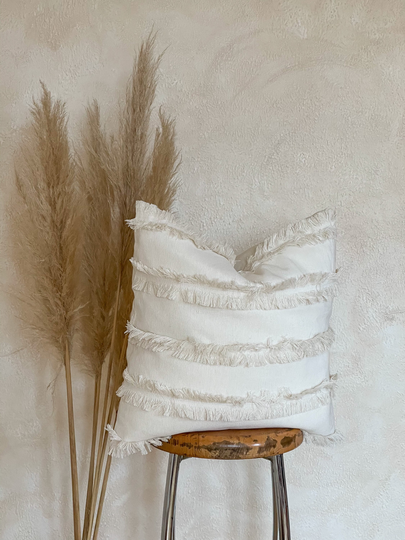 Organic Cotton Cushion Cover With Fringe - Snow