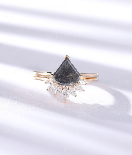 Vintage Salt & Pepper Diamond Engagement Ring Set Shield Cut Art Deco Yellow Gold Unique Moissanite/Diamond Anniversary Bridal