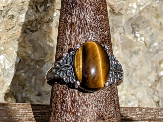 Tiger's Eye W/Foliate Detailing in Sterling Silver 925, Statement Ring, Gemini Birthstone, Solar Plexis Chakra, Ceremony, Soul Ring