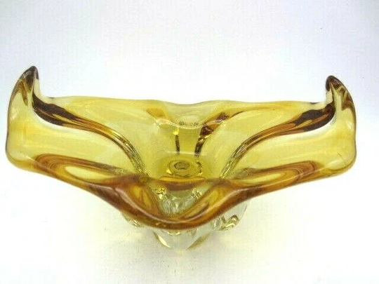 Murano Sommerso Style Chribska Organic Footed Round Amber Art Glass Bowl