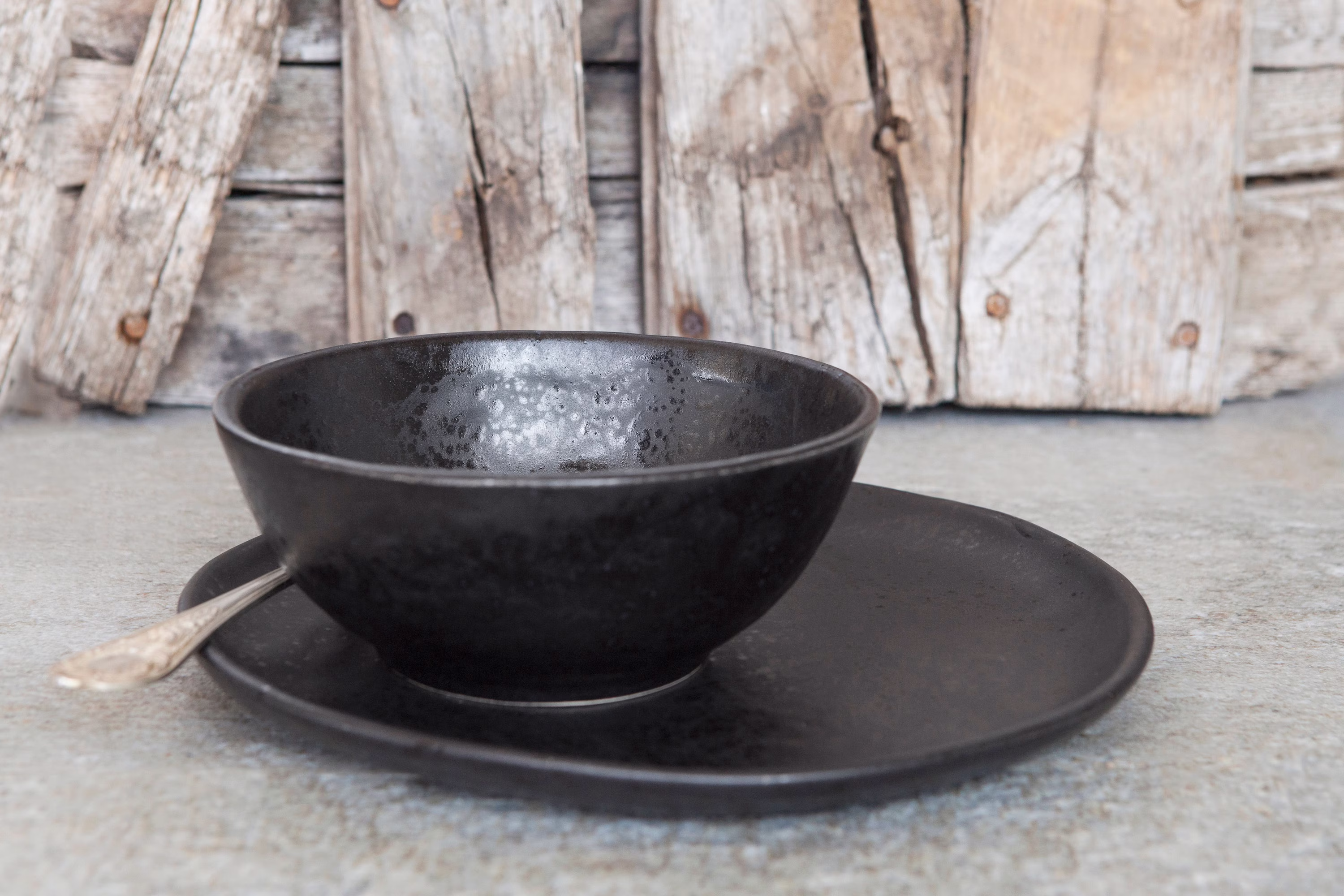 Organic Dinnerware Set, Asian Ramen Bowl & Plate, Minimal Moder Ceramic Dish Set, Live Edge Black Tableware