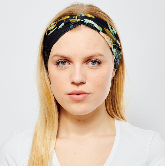 Bronte Headband Ladies Twisted Knot Floral Hairband in Black Olive Gold & Pink