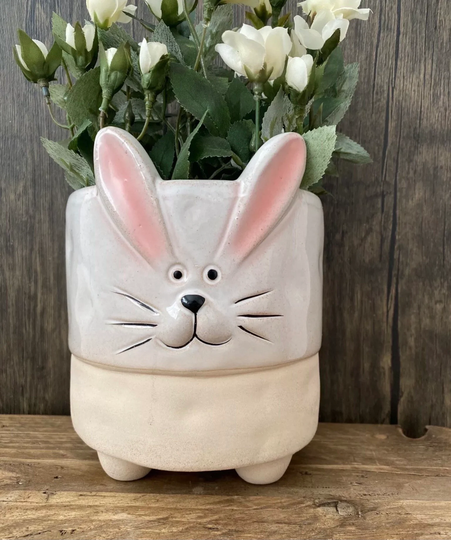 White Ceramic Planter Rustic Plant Pot Cover Bunny Flower Home Decor Gift