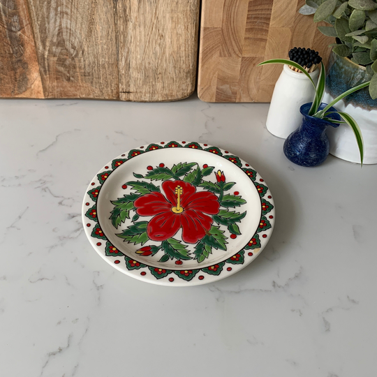 Greek Vintage Ceramic Decorative Red Hibiscus Flower Design Plate/Wall Decor, Made in Rhodes, Greece, Seva Keramik