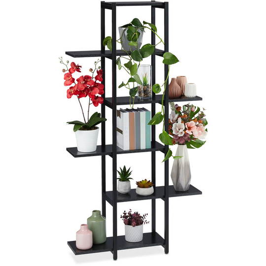 Large Plant Stand, Modern Pot Holder with 6 Tiers, 150 x 78 x 24 cm, Black Metal Frame, mdf Shelving, Black - Relaxdays
