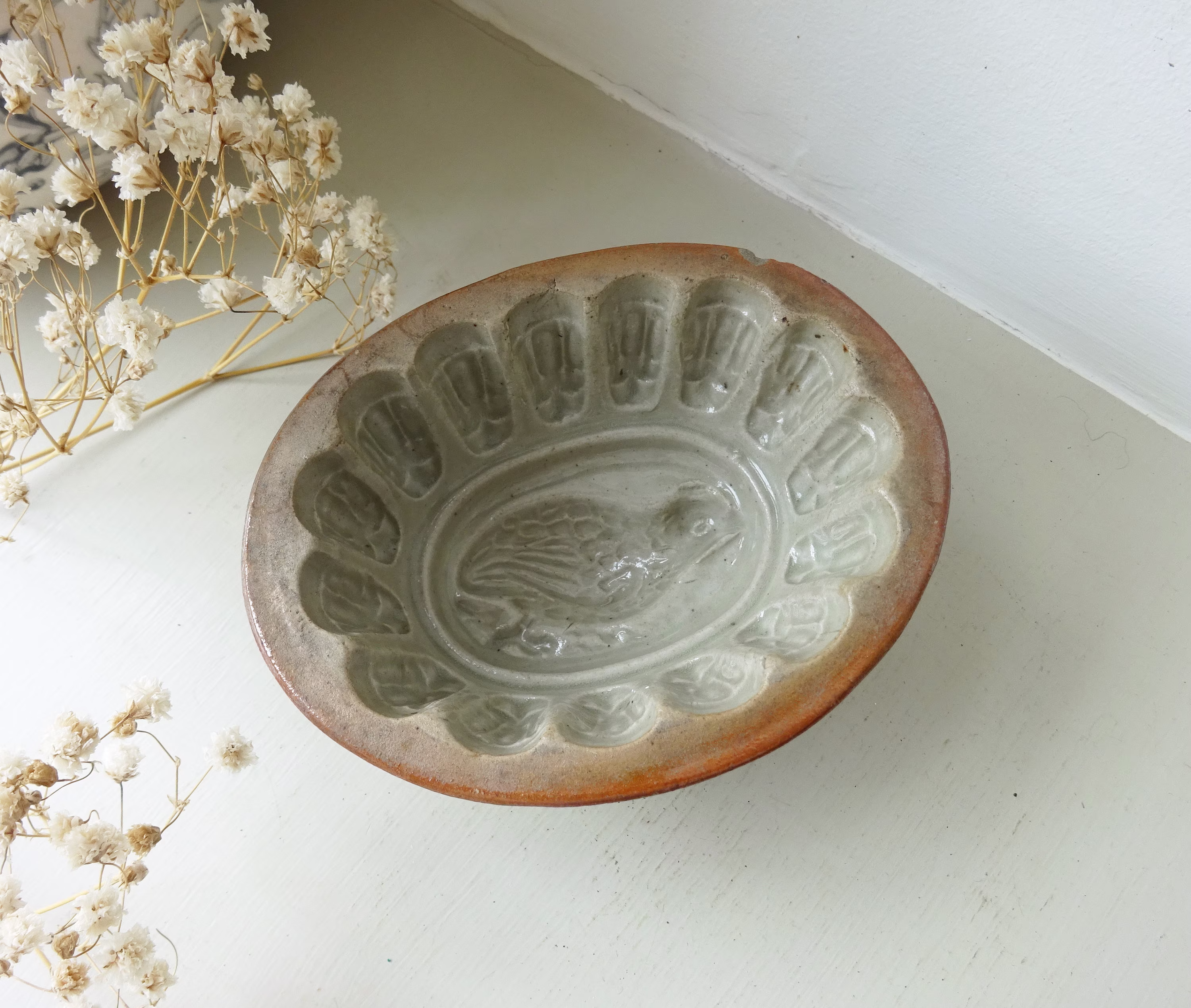 Victorian Small Oval Stoneware Jelly Mould, Quail Pattern, Salt Glazed Pottery, Child Sized Mold, 4