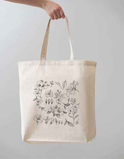 Hibiscus Flower Illustrations Canvas Tote | Shopping Bag Market Hawaii Hawaiian
