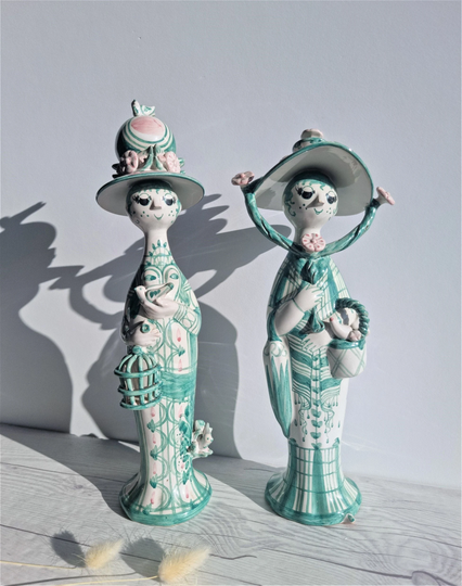 Duo Of 1984 Bjorn Wiinblad, 4 Seasons Spring & Autumn Figures in Green Pink | Danish, Rare