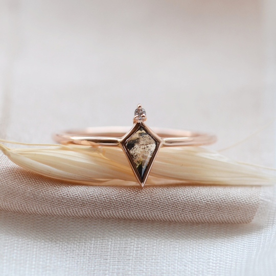 Small Kite Diamond Ring, Salt & Pepper Engagement Tiny Ring