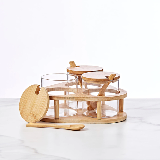 Bamboo Benchtop Trio // Glass Jars With Spoons, Lids, Holder