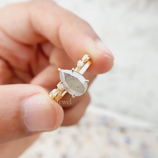 1920's Raw Salt & Pepper Diamond, Pear Diamond Ring, Unique Engagement Bridal Set, Gray Pear, 14K Rose Or Yellow Gold Minimalist Band Set