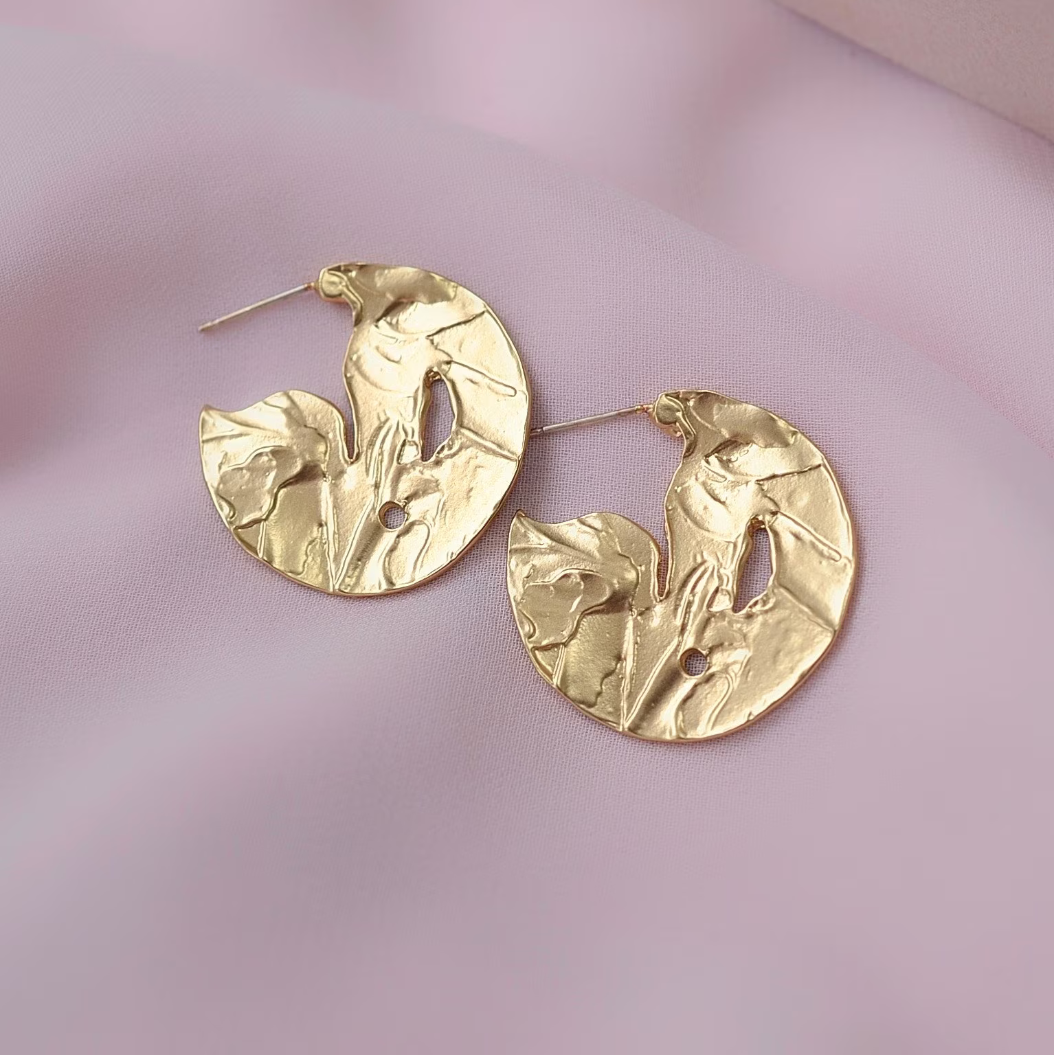 Fulani Organic 18K Gold Earrings, Gold Plain Circle Post Large Hoop Studs, South Africa Irregular Posts