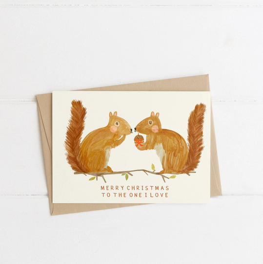 Squirrel One I Love Christmas Card | Seasons Greeting Squirrels Wife Husband Girlfriend Boyfriend Xmas Merry Eco-Friendly Recycled Painted