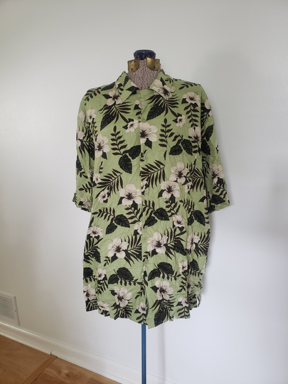 Vintage Puritan Green Tropical Botanicals Hawaiian Shirt - Retro 1990's 2000's Summer Vibes Short Sleeve Button Down Resortwear Top