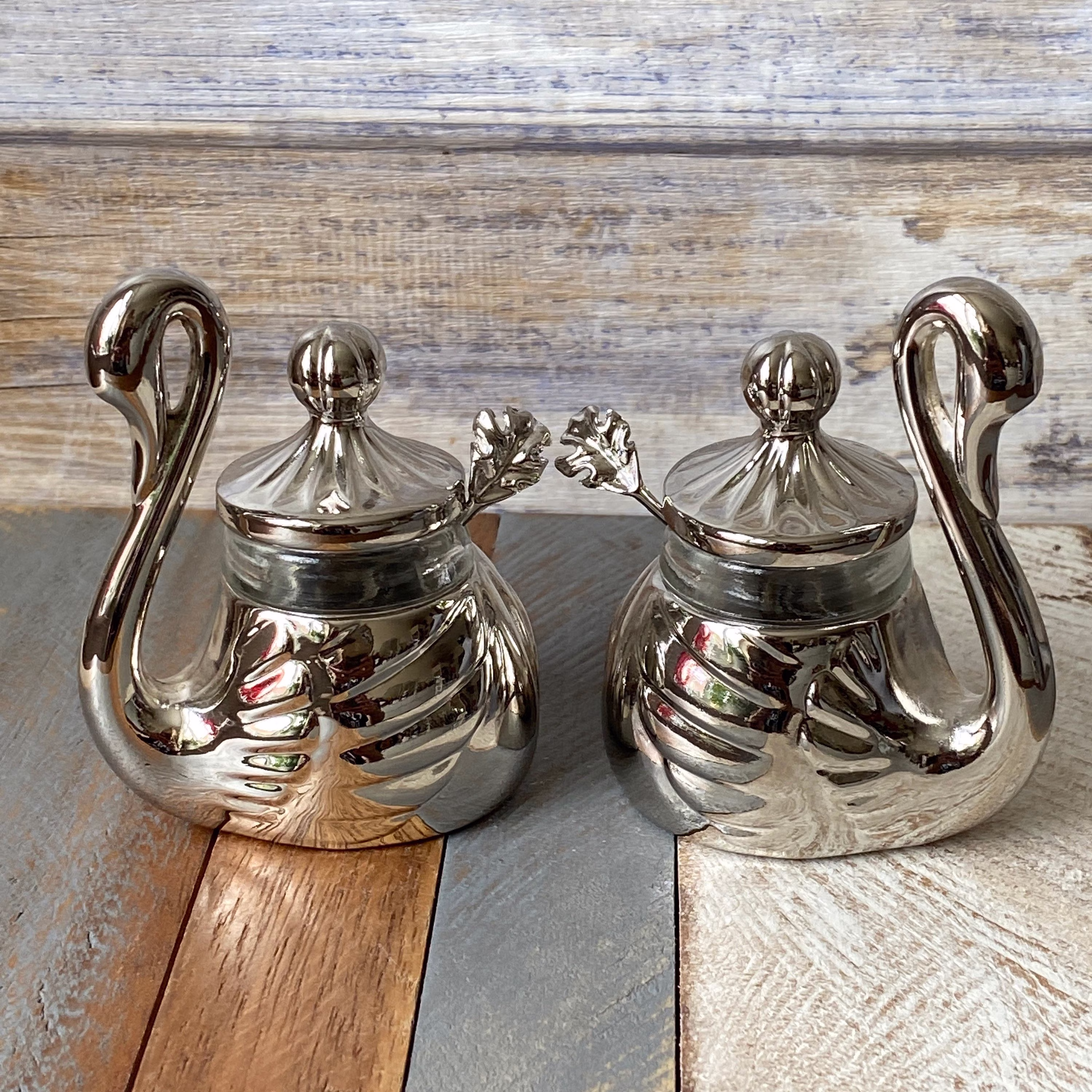 Vintage Silver Plate & Glass Swans Condiments Set Salt Pepper Serving Dishes Tiny Spoons