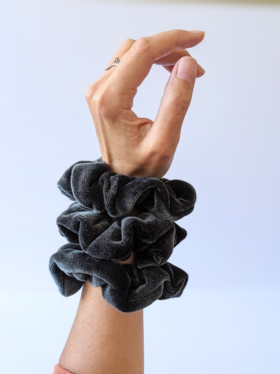 Fluffy Black Velour Scrunchie, Organic Haircare Gray Big Cotton + Bamboo Soft Velvet Sleep Sustainable Gentle Hair Scrunchy
