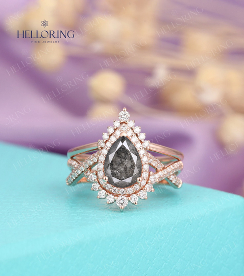 Salt & Pepper Diamond Engagement Ring Set Rose Gold Curved Twisted Wedding Band Pear Shaped Halo Moissnaite Half Eternity