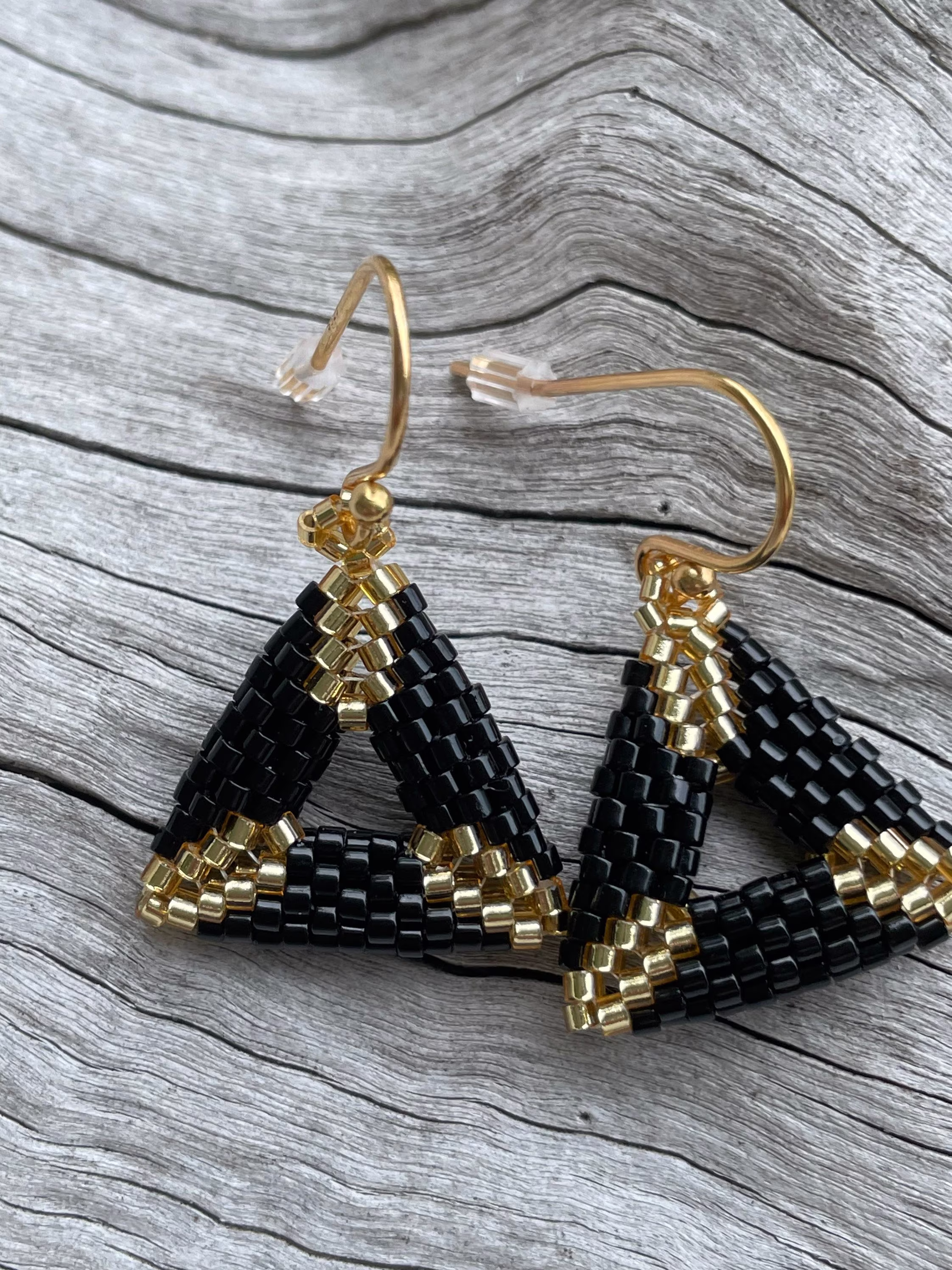 Seed Bead Boho Handmade Beaded Earrings Triangle Woven Black & Gold